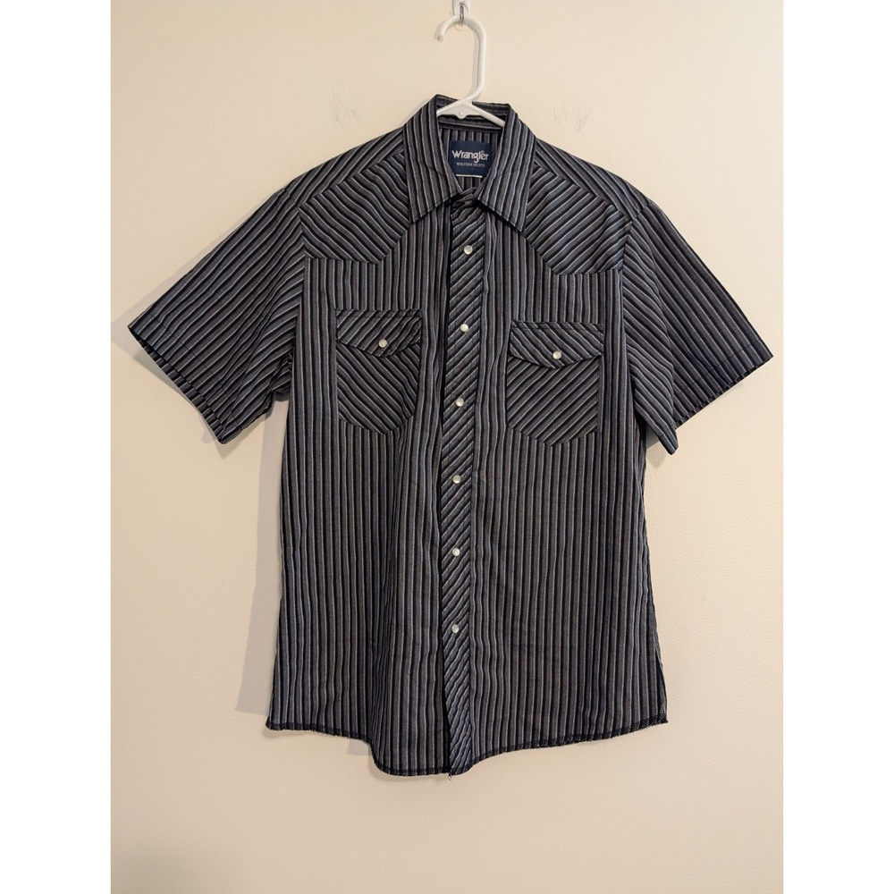 Vtg Wrangler Pearl Snap Striped Black White Western Short Sleeve Shirt Sz Medium